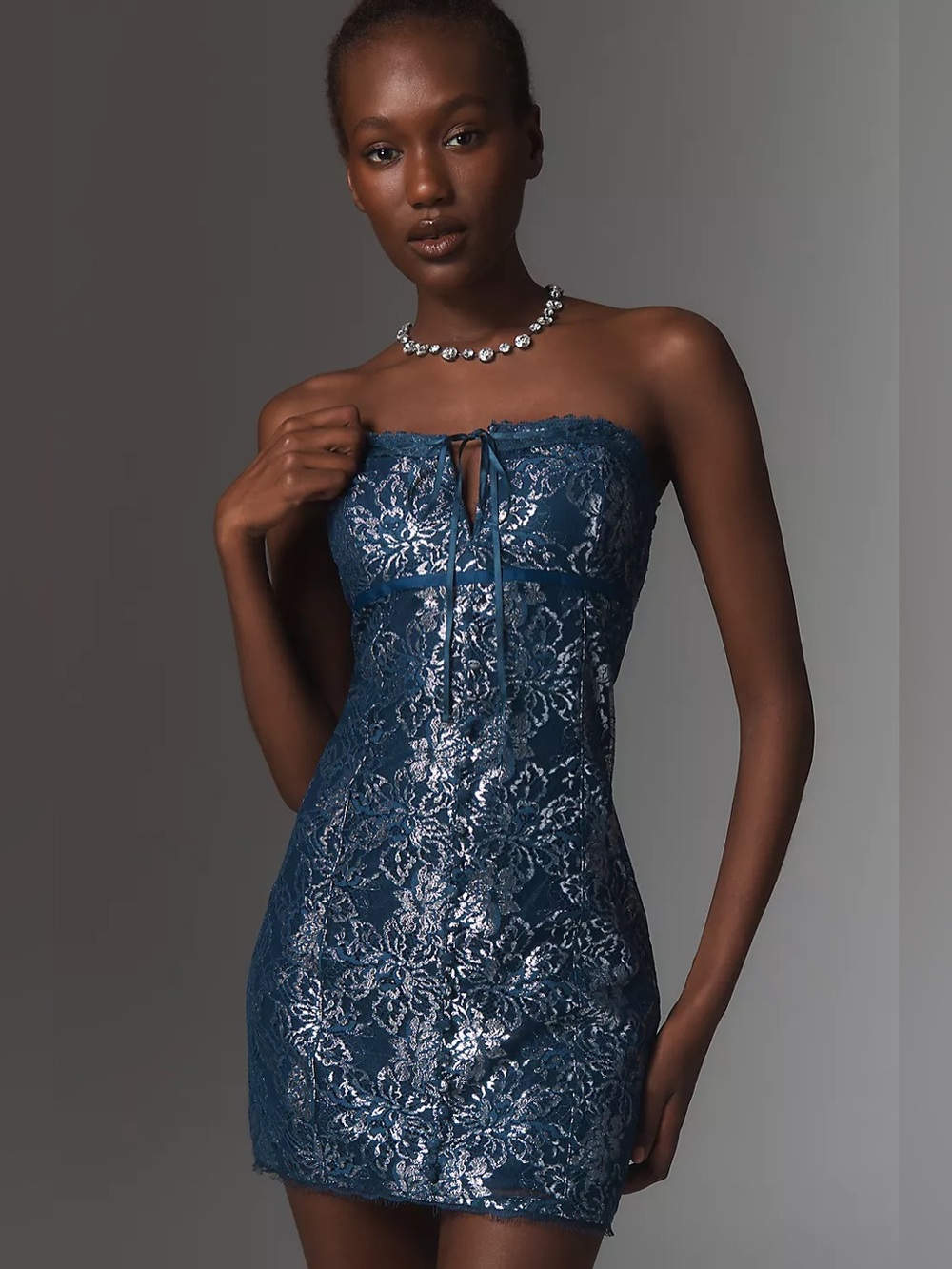 NWT Maeve Strapless Metallic Mini Dress Navy/Silver